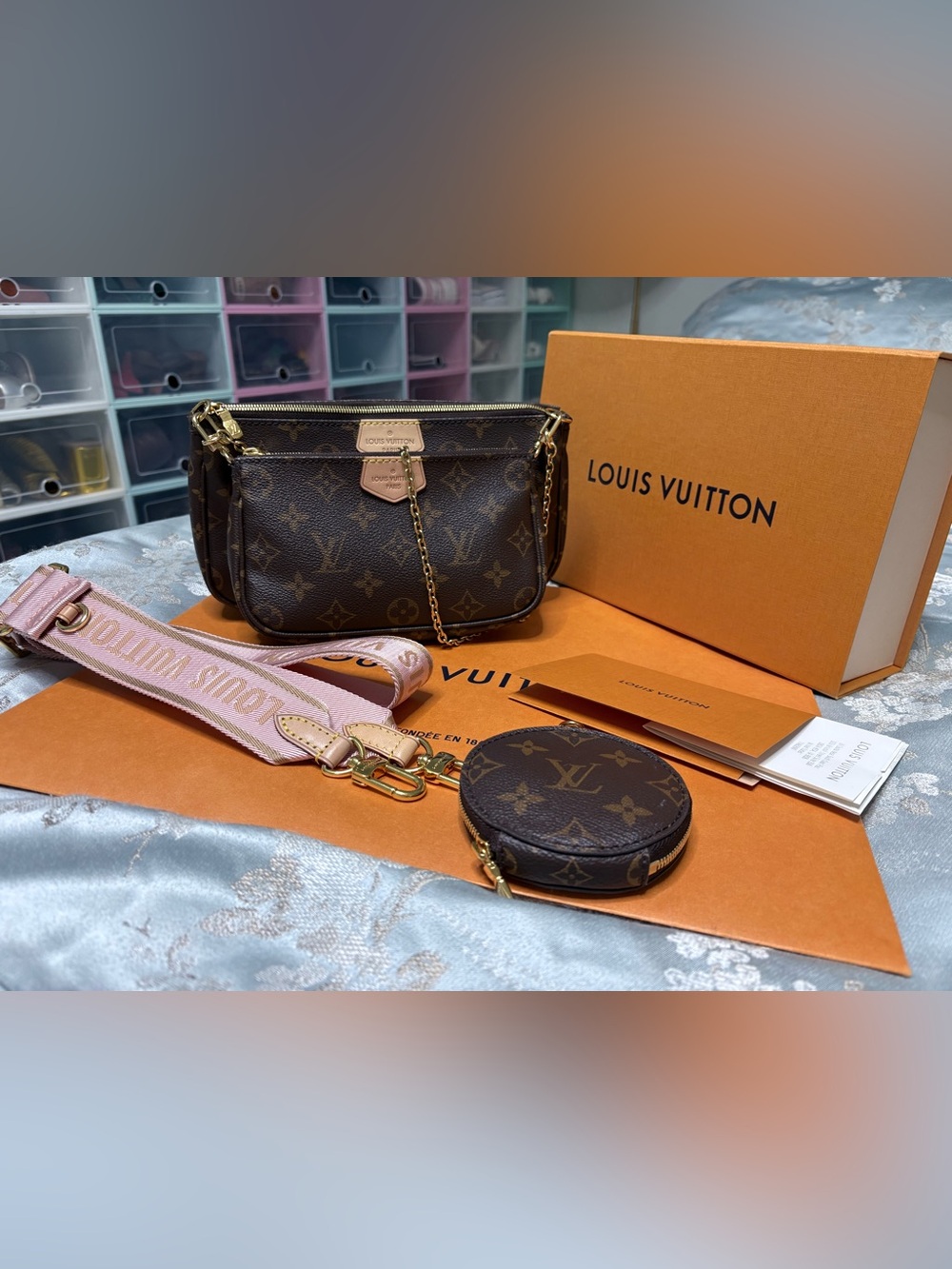 Louis Vuitton Monogram Multi-Pochette with Pink Strap and Coin Pouch